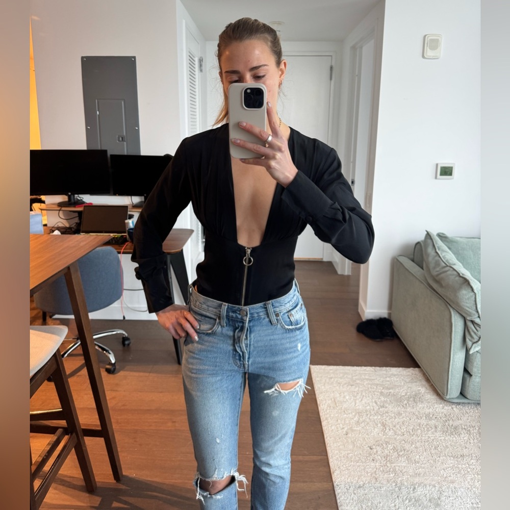 LIVY black bodysuit - front zip - 100% silk